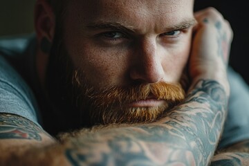 Obraz premium A man with a beard and tattoos is laying down with his head on his arm. He has a serious expression on his face