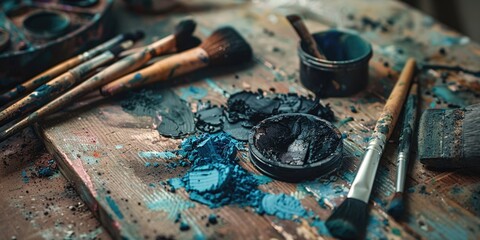 A table with a variety of art supplies including brushes, sponges, and a jar of blue paint
