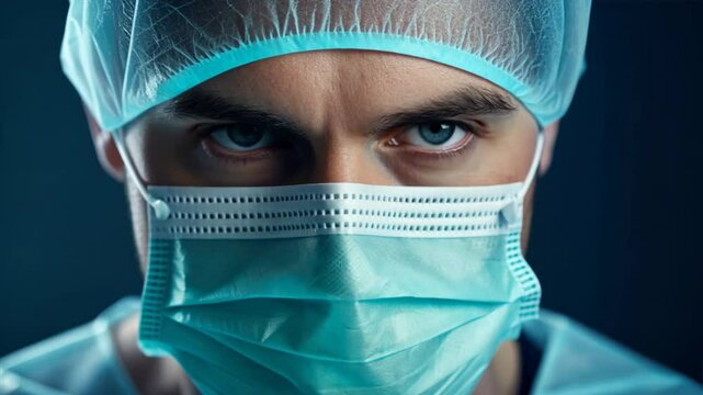 Portrait of a confident female surgeon in scrubs with a focused expression, 