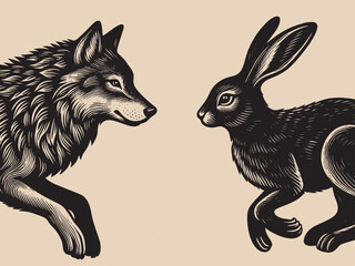 Hare and wolf.  Black white vintage engraving vector illustration. Emblem, logo, print, tattoo	