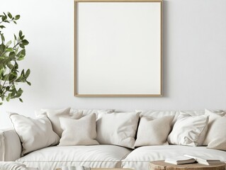 A white couch with pillows and a potted plant in the background. The couch is empty and the room is clean and simple