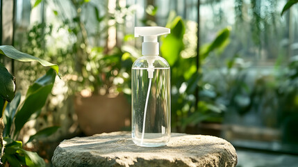 clear glass spray bottle with a white cap, sitting on a stone platform with plants in the background, evoking an eco-conscious product design