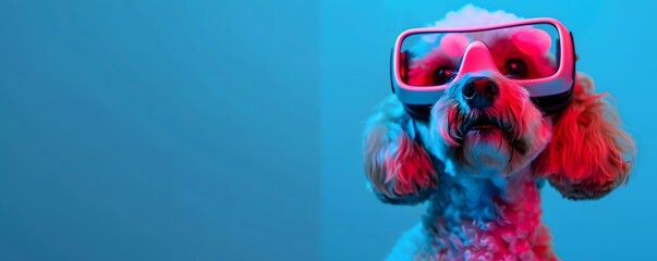 A White Poodle Wearing Futuristic Sunglasses in a Blue and Pink Lit Studio