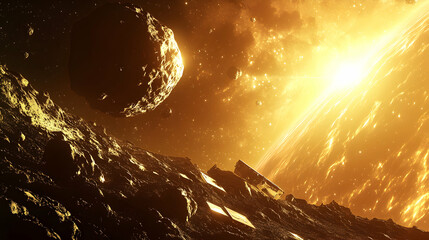 A space probe approaching a distant asteroid, sending data back to Earth as it prepares to land for mining operations