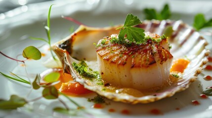 A plate of food with a scallop on top and a garnish of parsley. The dish looks appetizing and well-presented