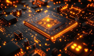 Obraz premium Close-up of a glowing CPU on a motherboard