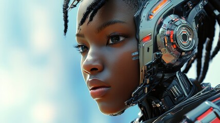 A woman with a futuristic helmet on her head. The helmet has a red and black design. The woman is looking at the camera