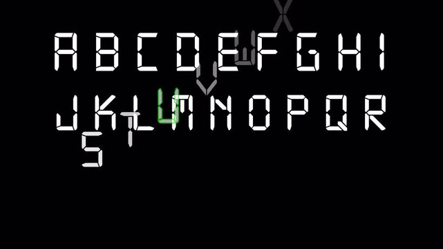 digital alphabet and numbers animation on black background, looped 3d animation of the letters of the digital alphabet and numbers animated.