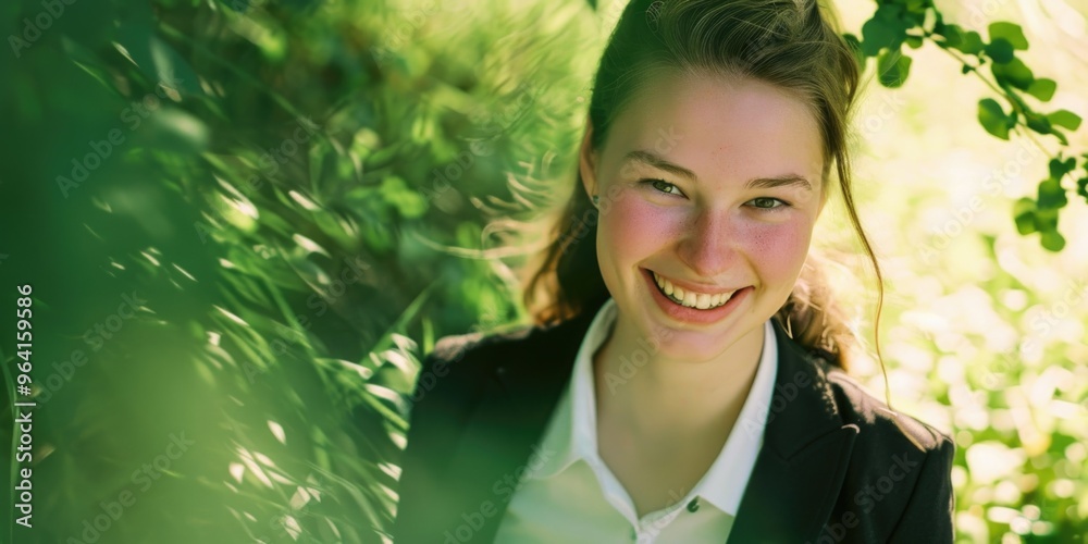 Poster a young woman is smiling in a lush green forest. she is wearing a black jacket and a white shirt