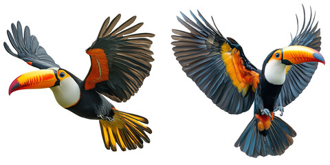 Obraz premium set of A realistic photographic image of a toucan in flight, showing the full body of the bird against on a transparent background
