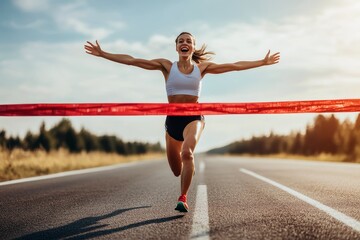 Athlete crossing the finish line arms spread wide in victory after a long race.