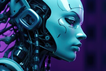 A woman with a robotic face is shown in a purple background. The image conveys a futuristic and technological atmosphere, with the woman's metallic features