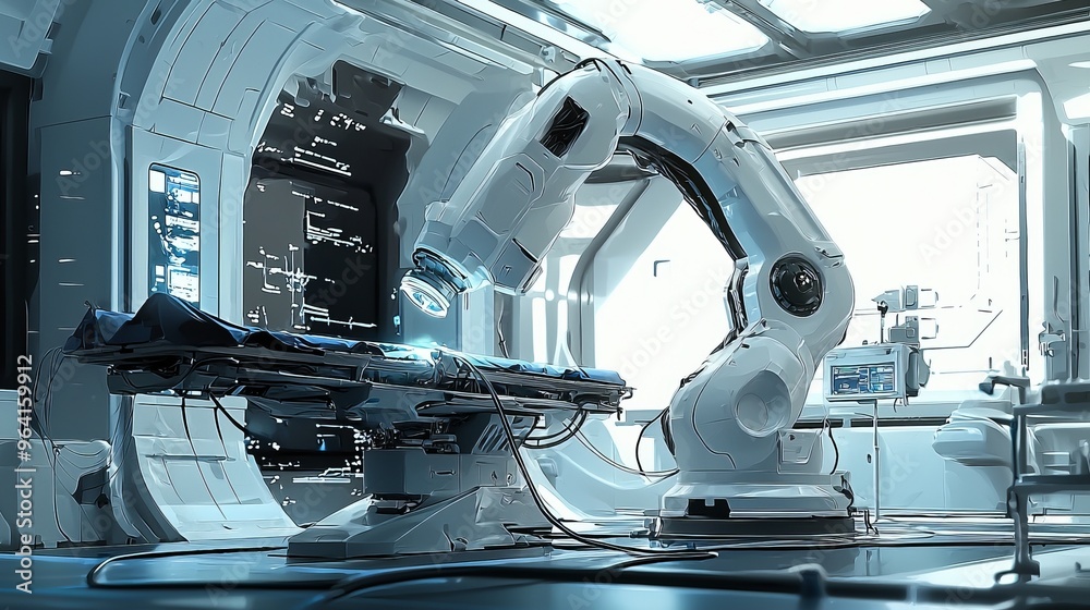 Poster Futuristic robotic arm in a sterile white medical operating room.