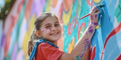 A girl is painting a wall with a brush. She is wearing a red shirt and blue backpack