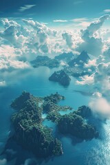 A beautiful blue sky with clouds and a large body of water. The water is surrounded by islands and mountains