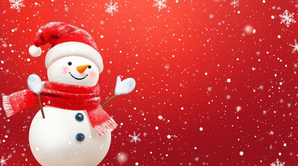 Fototapeta premium Cheerful snowman wearing a red scarf and hat waving against a snowy red background during the festive winter season
