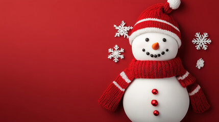 A cheerful snowman wearing a red scarf and hat is decorated, set against a vibrant red background with snowflakes