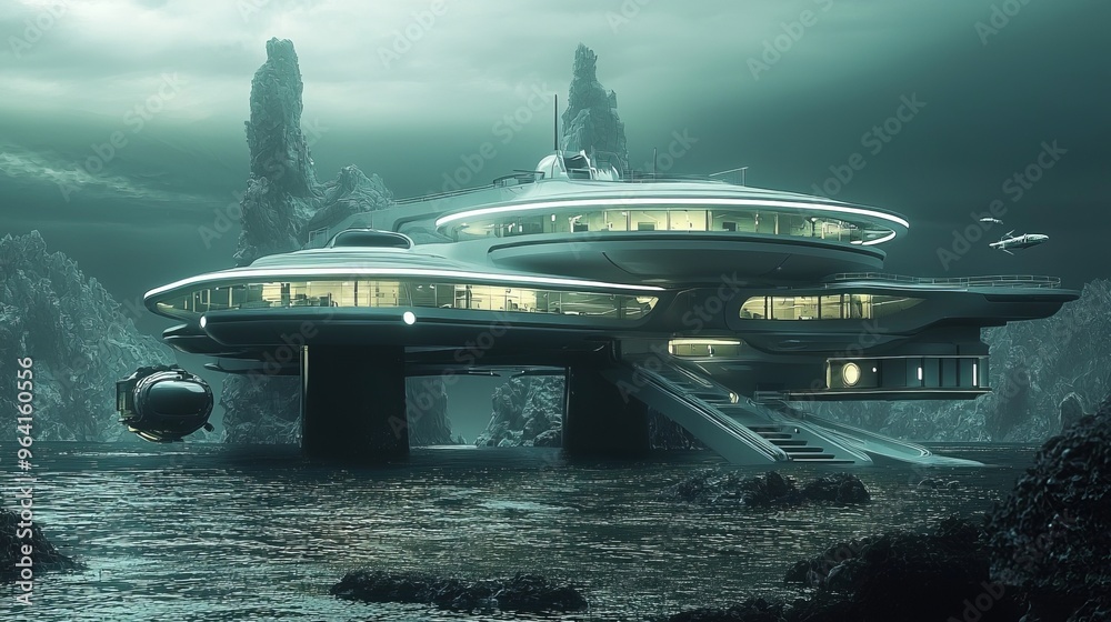 Poster Futuristic spaceship docked near a rocky cliff with water in the foreground.