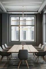 A large, modern office conference room with a long wooden table and chairs. The room is well lit and has a clean, minimalist design