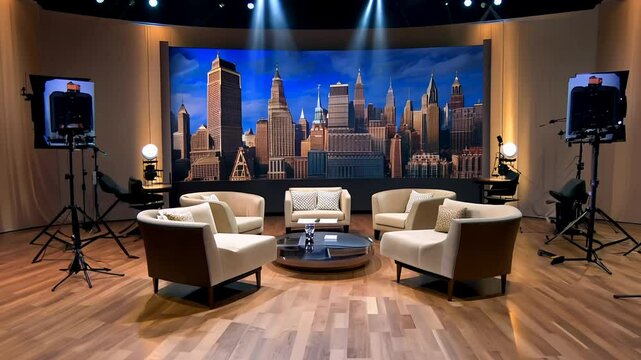 Camera fly around a television studio set for a talk show. Comfortable chairs, a backdrop, and studio lights create a welcoming atmosphere. A talk show host sits ready to interview guests.