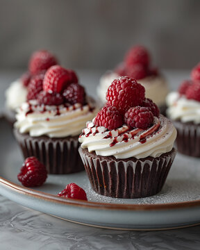 Closeup chocolate cupcakes with berries and white frosting