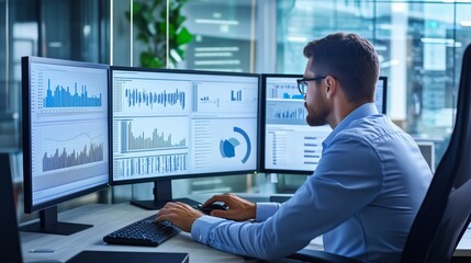 A business analyst reviewing data on multiple computer monitors in a high-tech office environment.