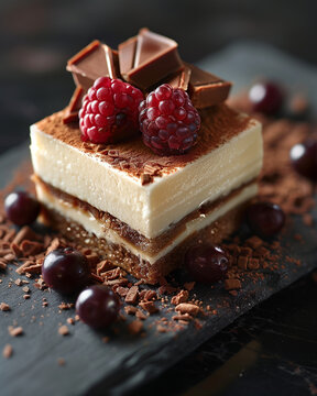 Closeup piece of cupcake with berries and chocolate, soft filling 