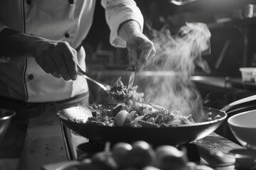 Fototapeta premium A chef is cooking food in a pan with steam coming out of it