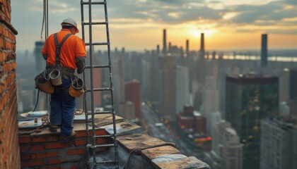 Construction worker on rooftop ladder overlooking sunrise cityscape