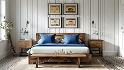 Cozy wooden bedroom with blue pillows and rustic decor