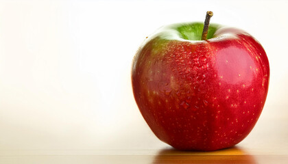 Bright and vibrant image of a fresh, juicy apple. The apple is perfectly ripe, showcasing a crisp and glossy skin with a rich red color, highlighted by subtle green and yellow undertones.