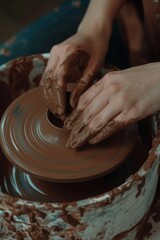 A person is making pottery in a brown clay pot. The pot is almost full and the person is using their hands to shape it. Concept of creativity and craftsmanship