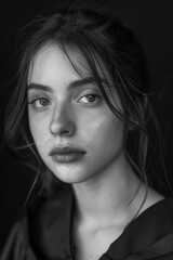 A woman with a puffy face and dark hair. She is wearing a black dress and has a red lipstick