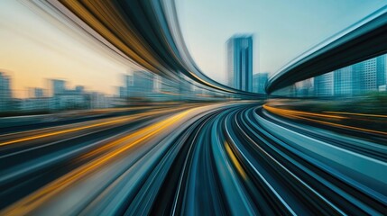 Speeding train passing through urban landscape