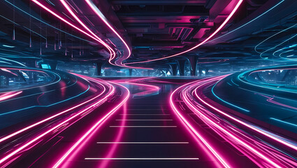Fototapeta premium 3D Abstract Background, A futuristic cityscape with sleek skyscrapers and glowing light trails speeding along elevated highways, showcasing advanced transportation in a neon-lit metropolis at night. 
