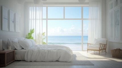 Fototapeta premium Minimalist shaded bedroom interior design with large window overlooking the sea. AI generated