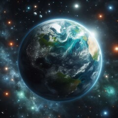 A stunning and vivid depiction of Earth surrounded by a starry universe. The planet's continents and oceans are clearly visible, highlighted by the bright, colorful stars and galaxies in the