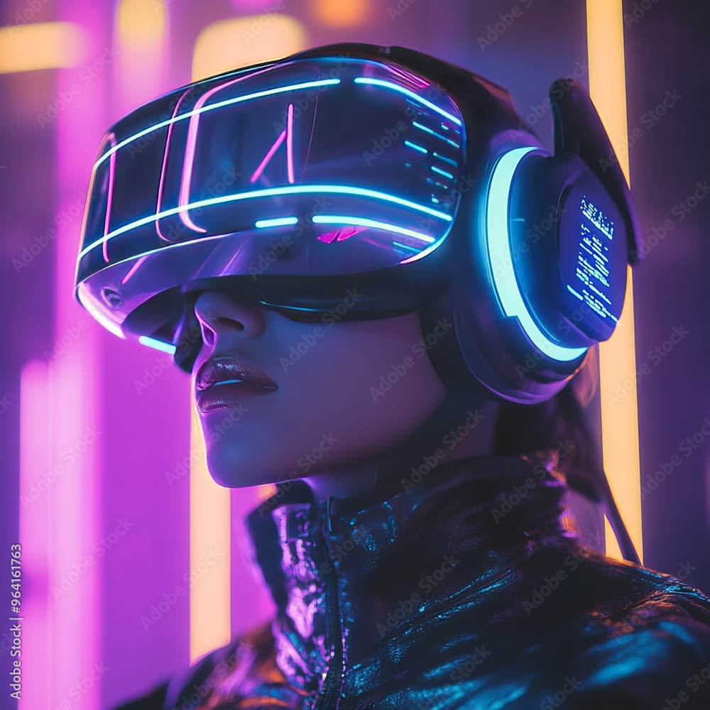 Wall mural Futuristic woman wearing virtual reality headset with neon lights.