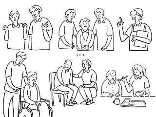 介護、福祉系のお仕事セットA、線画