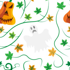 Beautiful evil Halloween pumpkins with leaves and ghosts, seamless pattern.
