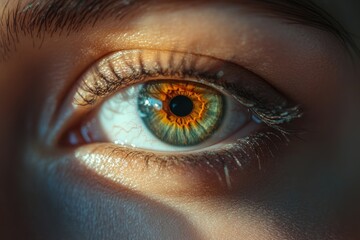 A woman's eye is open and has a green iris. The eye is surrounded by a shadow, which gives it a mysterious and intriguing appearance