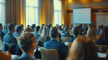 A large group of people are sitting in a room, some of them wearing suits. The room is filled with people and the atmosphere is professional
