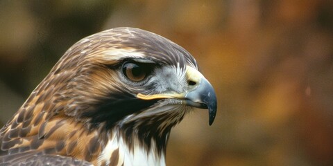 Obraz premium A bird with a brown and white head is looking at the camera. The bird has a beak and is eating something
