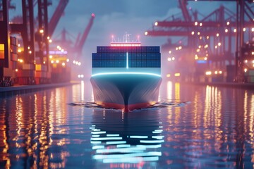 Obraz premium A cargo ship equipped with autonomous navigation systems, cruising through a busy harbor with robotic cranes unloading containers.