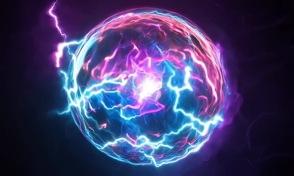 Spherical neon purple and blue cosmic energy or plasma ball with bright electric lightning streams and glowing effects on black background, VFX