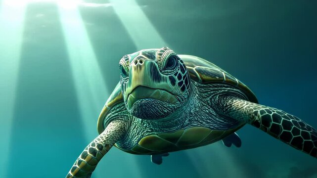 Close-up of a sea turtle swimming underwater, looking at the camera. The turtle's shell is green and brown with a yellow outline. The background is a blurred green color.