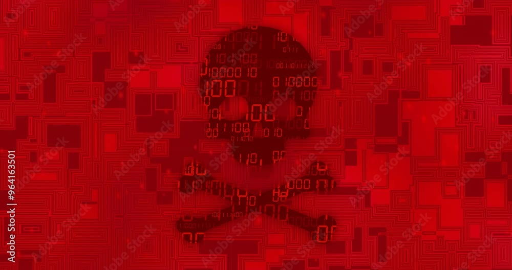 Poster skull and crossbones with binary code over red digital circuit background