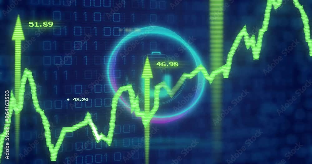 Poster stock market data processing over binary code background with fluctuating graph