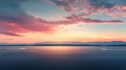 Naklejka premium Widok na pustą asfaltową drogę oświetloną złotymi i różowymi odcieniami zachodzącego słońca. Panoramiczny obraz przedstawia spokojną i przestronną scenerię.