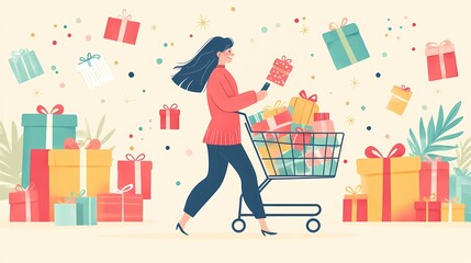 Girl pushing a shopping cart and holding a cell phone is checking out promotions